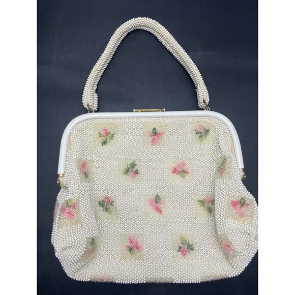 Romantic 60's White Pink Daisy Beaded White Floral Flower Handbag Purse - Picture 3 of 7